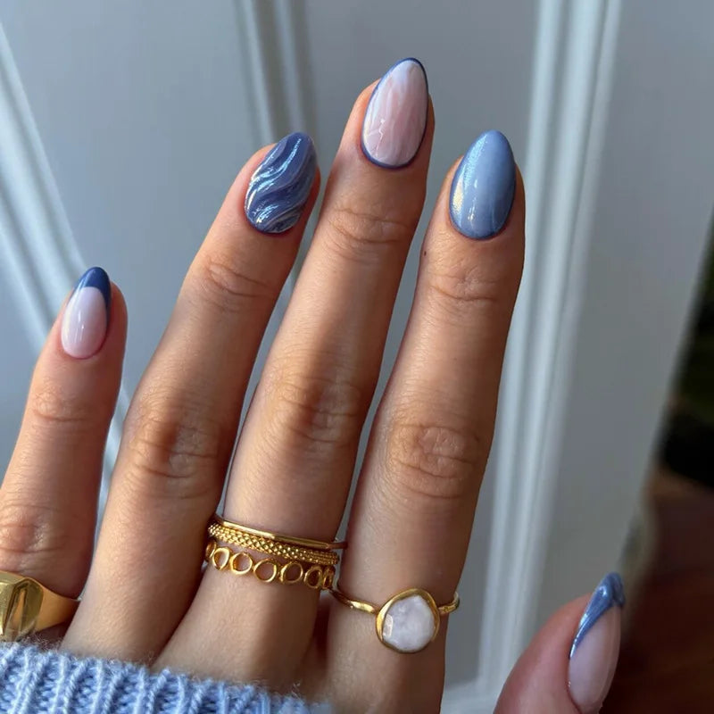 💅 24pcs Blue French Press-On Nails – Short Almond Style with Golden Stars & Wave Lines