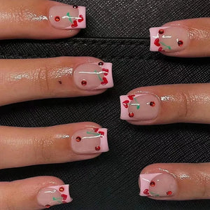 🍒 24pcs Short Square French Press-On Nails – Cherry Pink Perfection