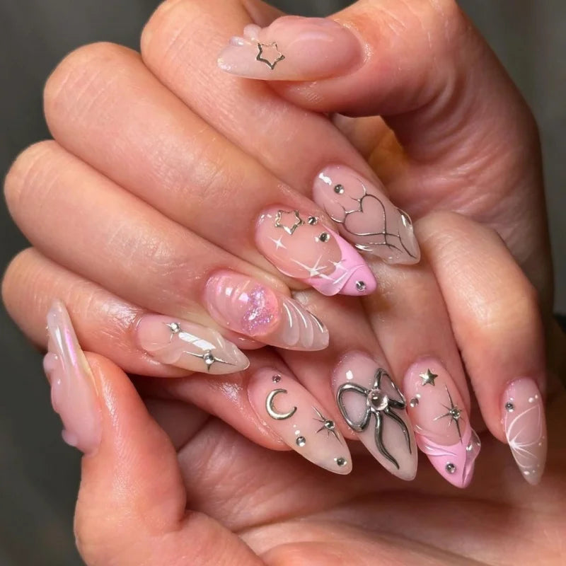 🎀 24pcs French Almond Press-On Nails – Elegant Golden Bow Design
