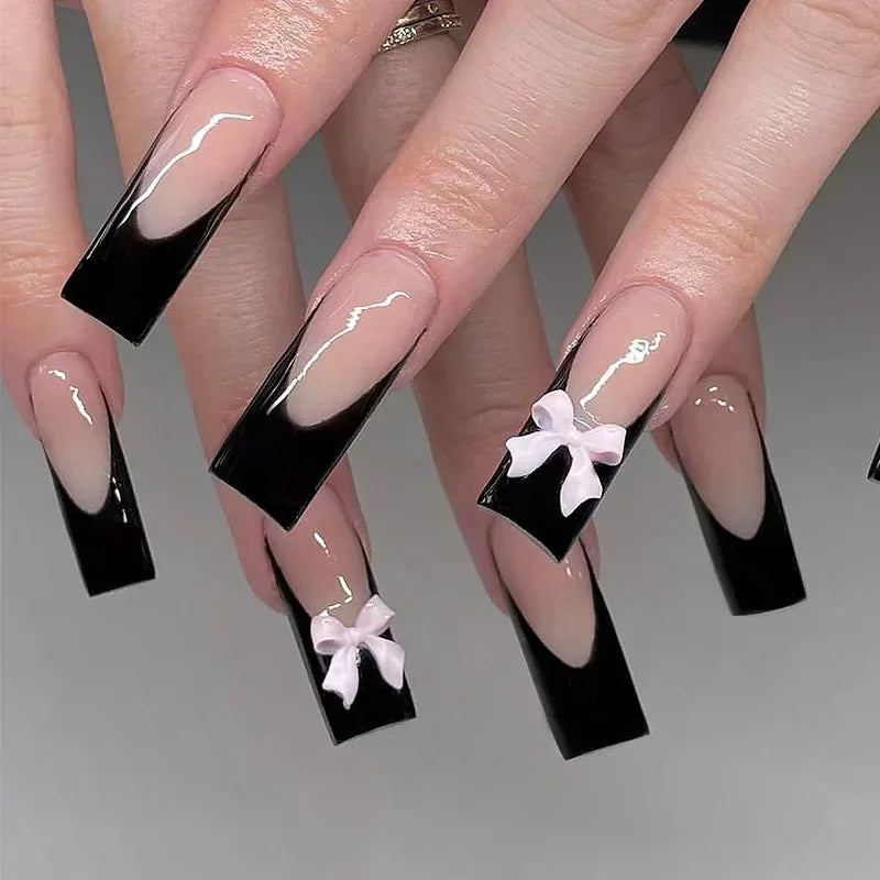🖤 24pcs Short Almond Press-On Nails – Black Bowknot & White Pearl French Tips