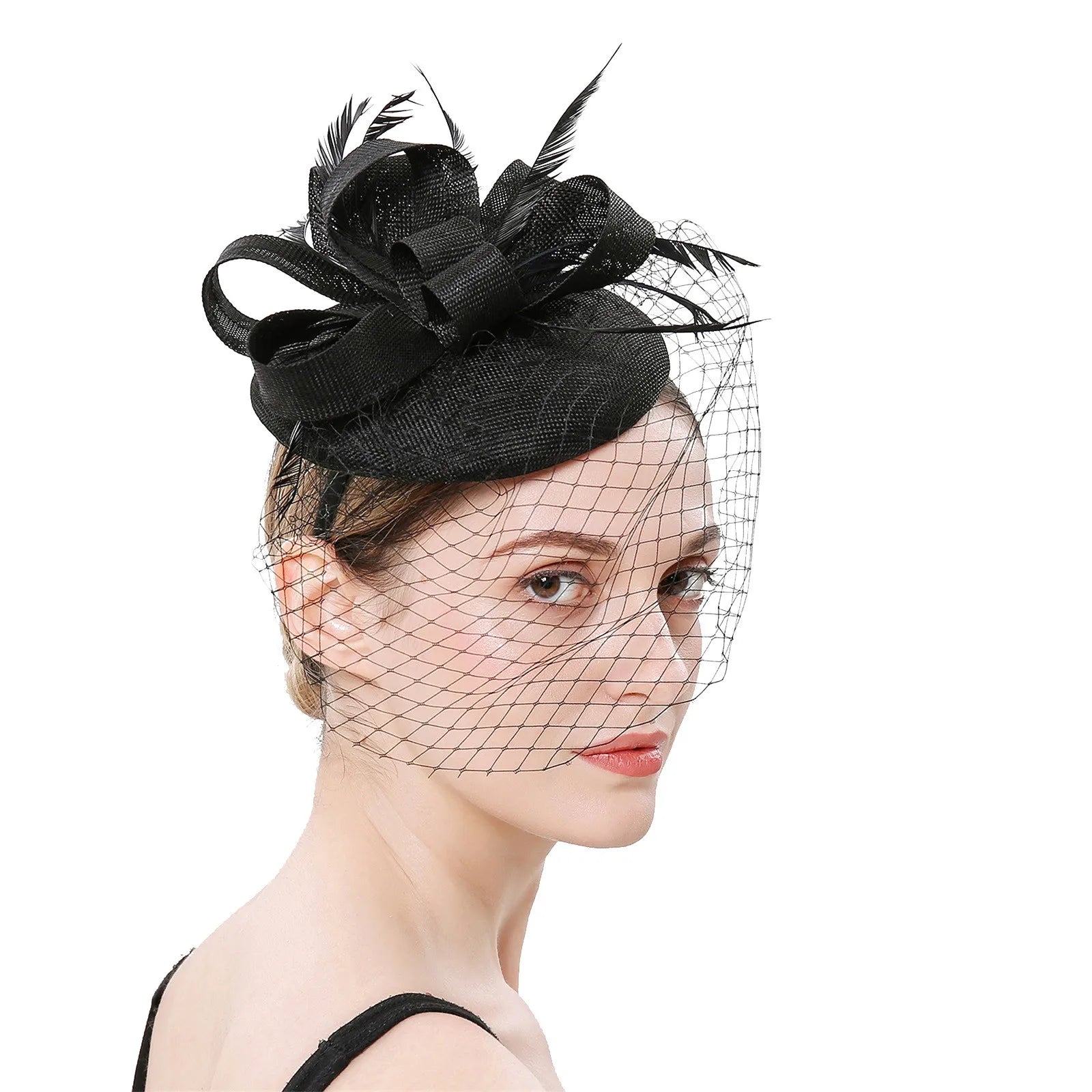 New Fascinator Pillbox Hat with Veil, Mesh Lace & Feathers – Elegant Headband Style for Women