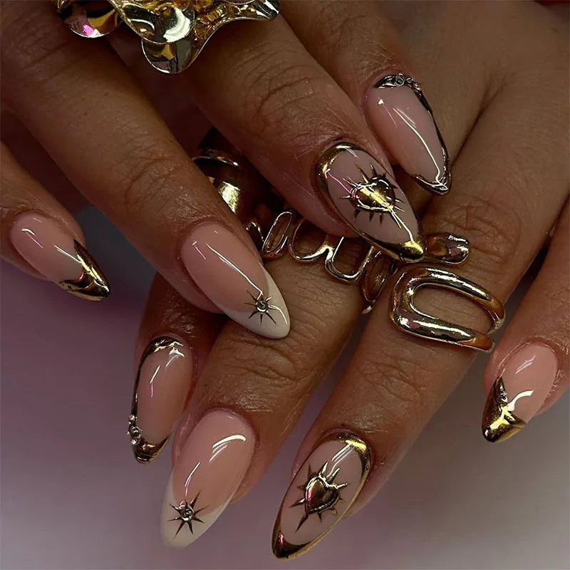 ⭐ 24pcs Simple French Almond Press-On Nails – Chic Stars & Easy Style