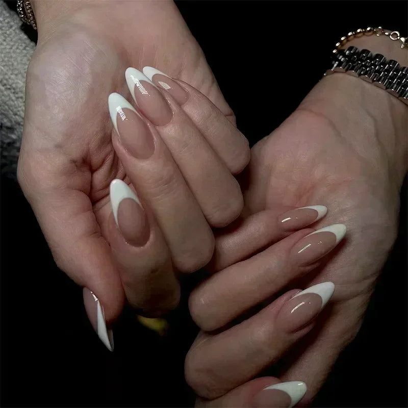 💗 24pcs French Almond Press-On Nails – White Edge with INS Pink Style