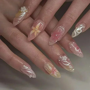 🌸 24pcs Pink Almond Press-On Nails – Sweet Summer Floral with Pearls