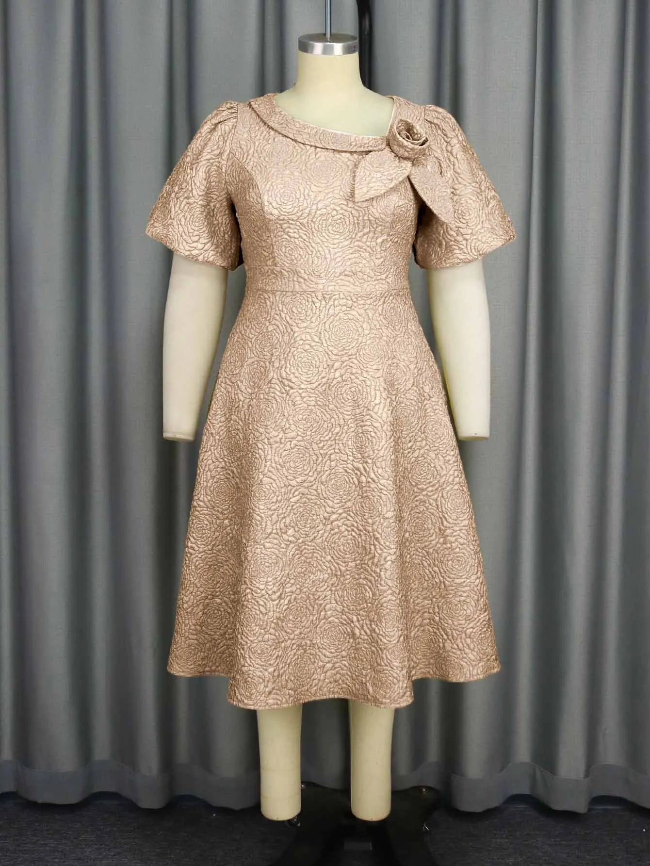 Jacquard Women’s Elegant A-Line Dress – Puff Sleeve 3D Flower Dress