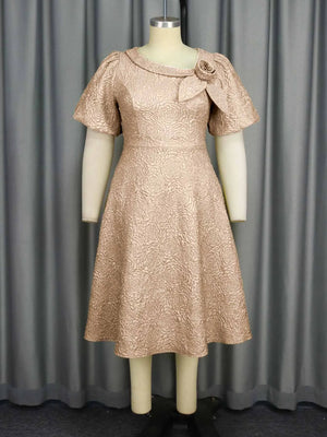 Jacquard Women’s Elegant A-Line Dress – Puff Sleeve 3D Flower Dress