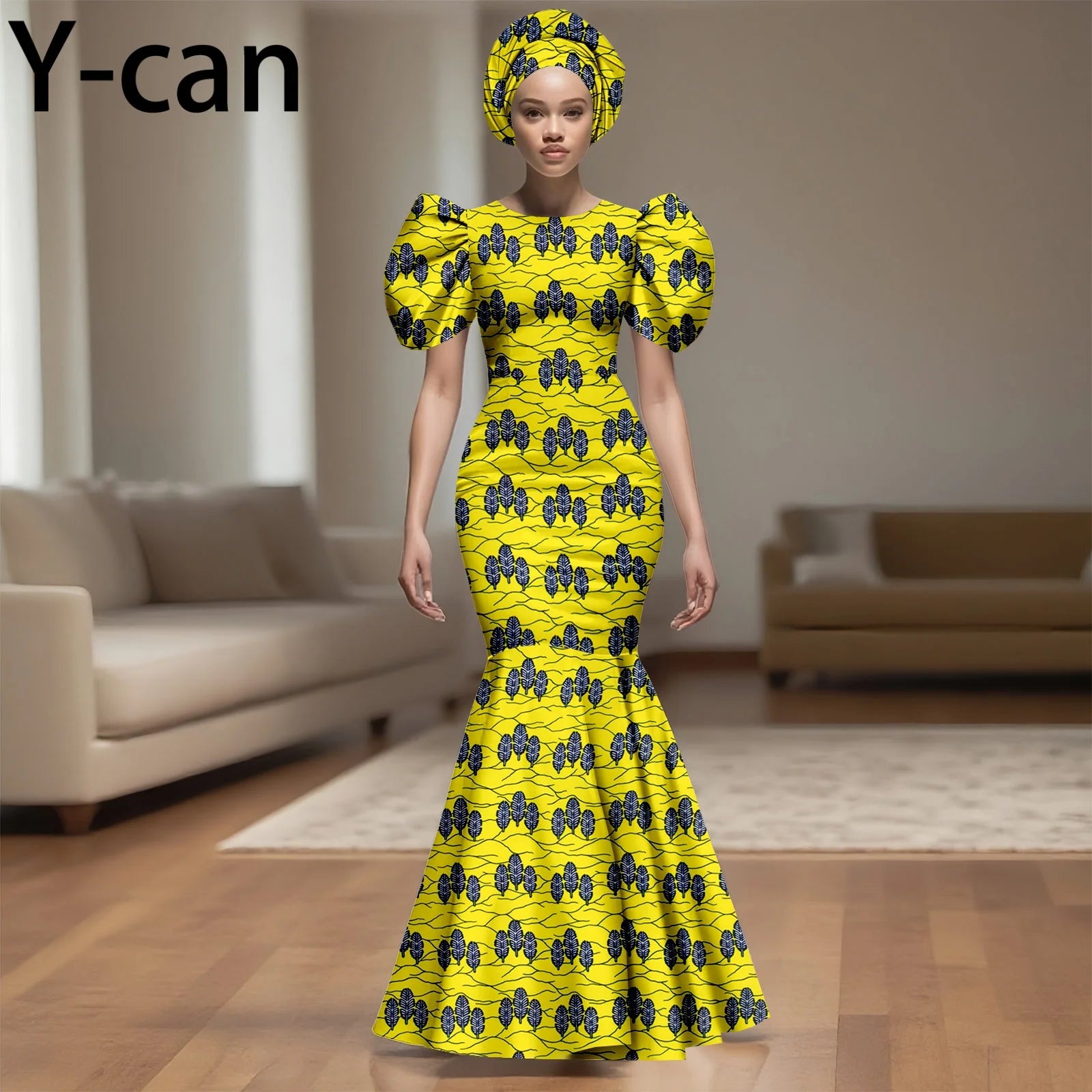 💃 African Party Dress for Women – Puff Sleeve Mermaid Dress with Headwrap (2525142)