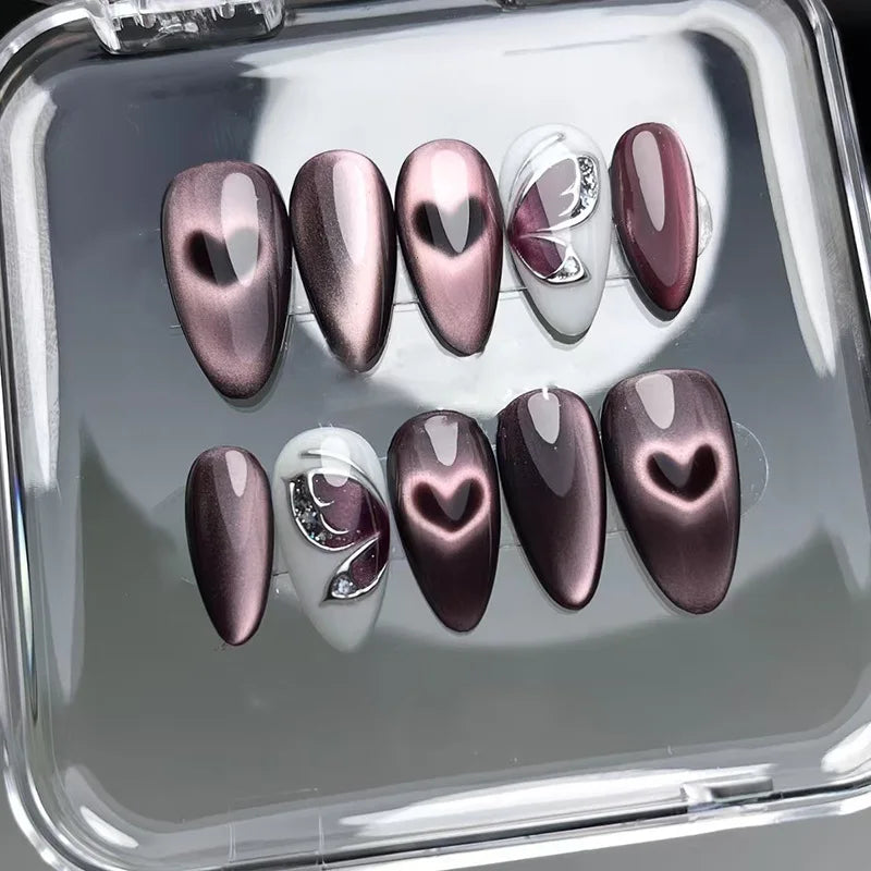 🍃 24pcs 3D Green Ripple Cat’s Eye Press-On Nails – French Almond Style with Leaf Design
