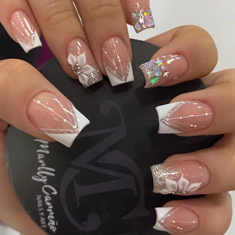 🖤 24pcs Short Almond Press-On Nails – Black Bowknot & White Pearl French Tips