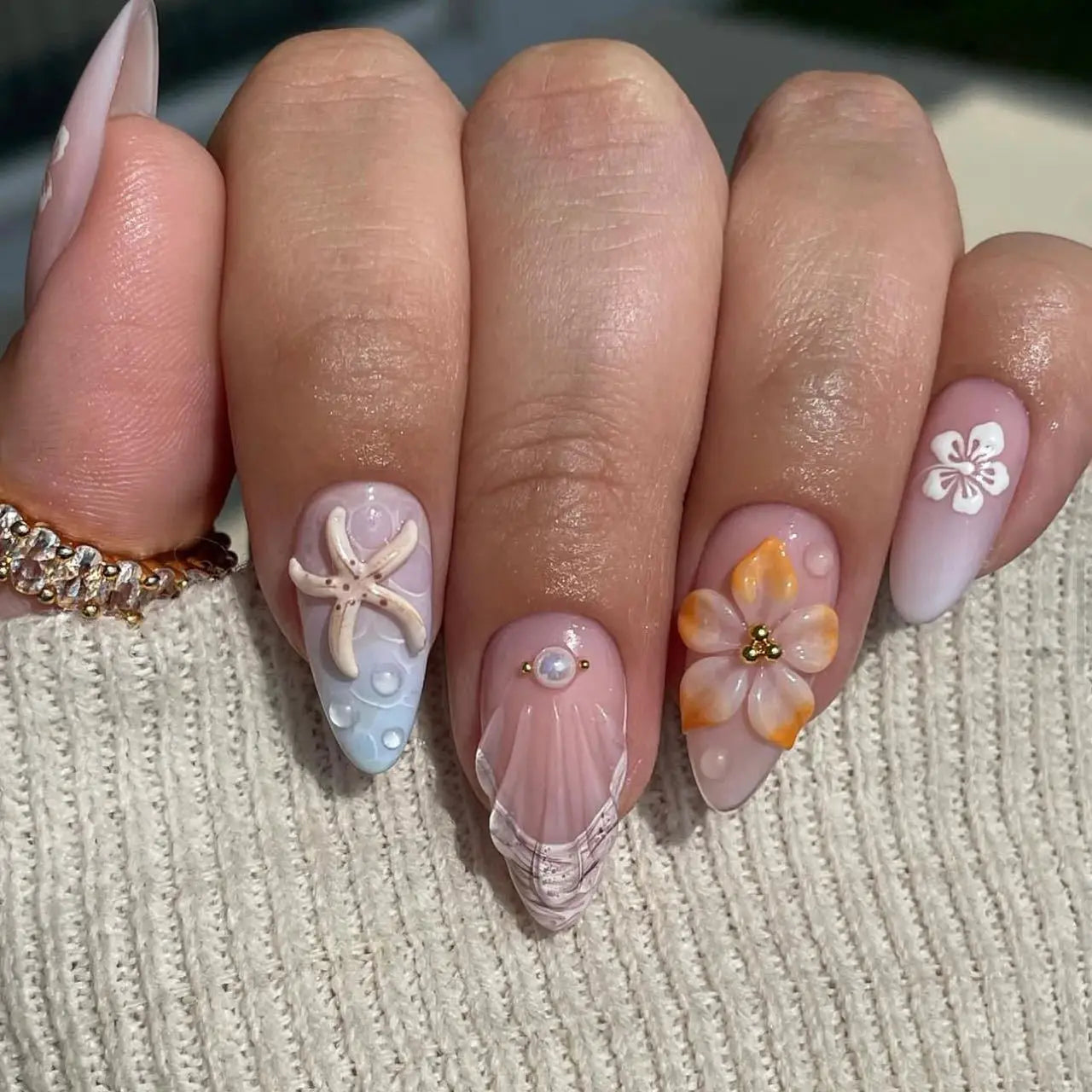 🌞 24PCS Summer Colorful Press-On Nails – Almond Shape with 3D Flowers & Beach Art