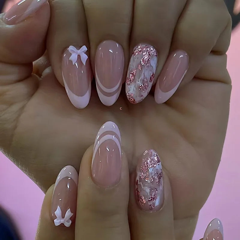 💅 24pcs Blue French Press-On Nails – Short Almond Style with Golden Stars & Wave Lines