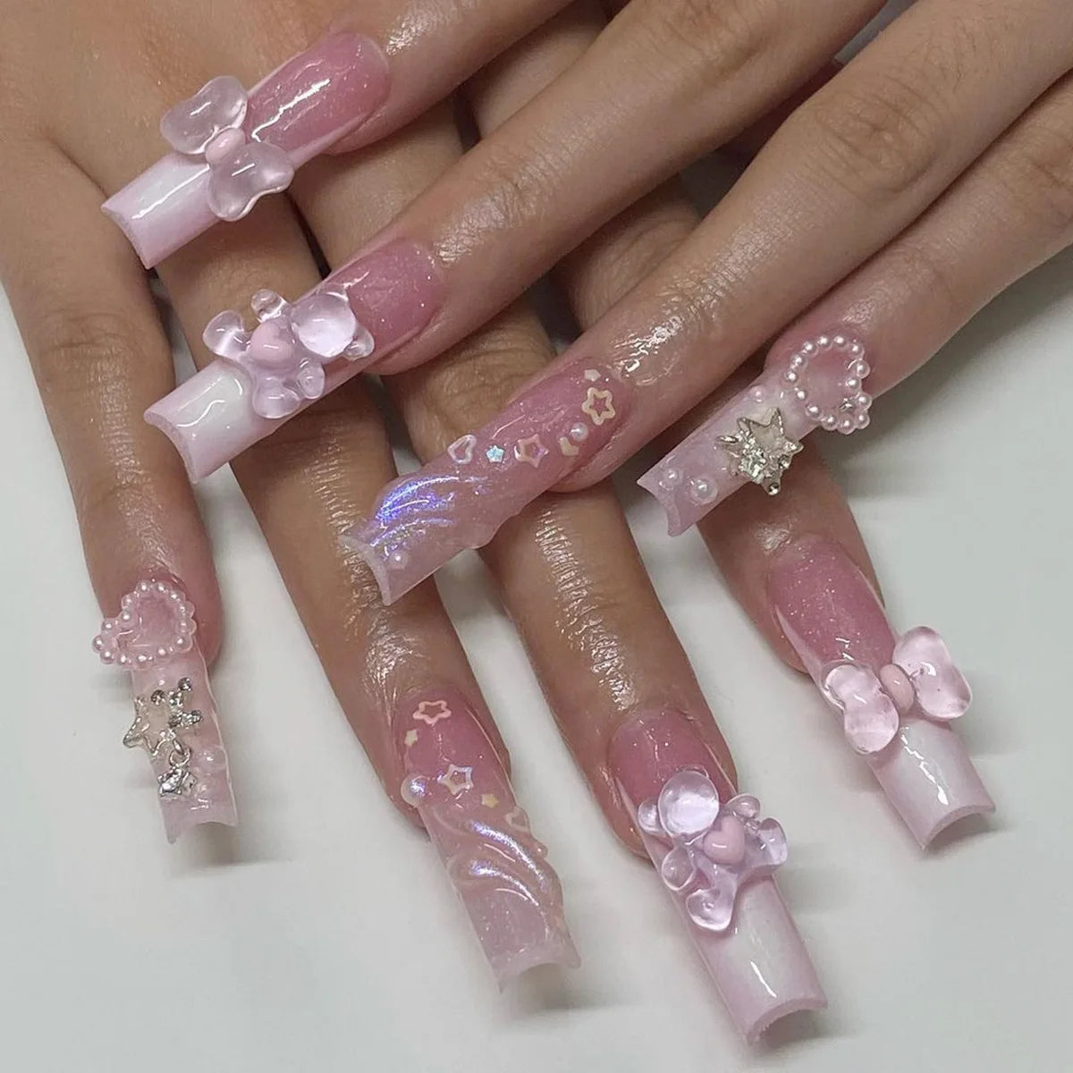 🐻 24pcs Extra Long Square Press-On Nails – 3D Bear & Bow with White French Tips