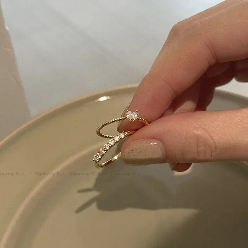 💛 2pcs/set Gold Color Heart Zircon Adjustable Rings