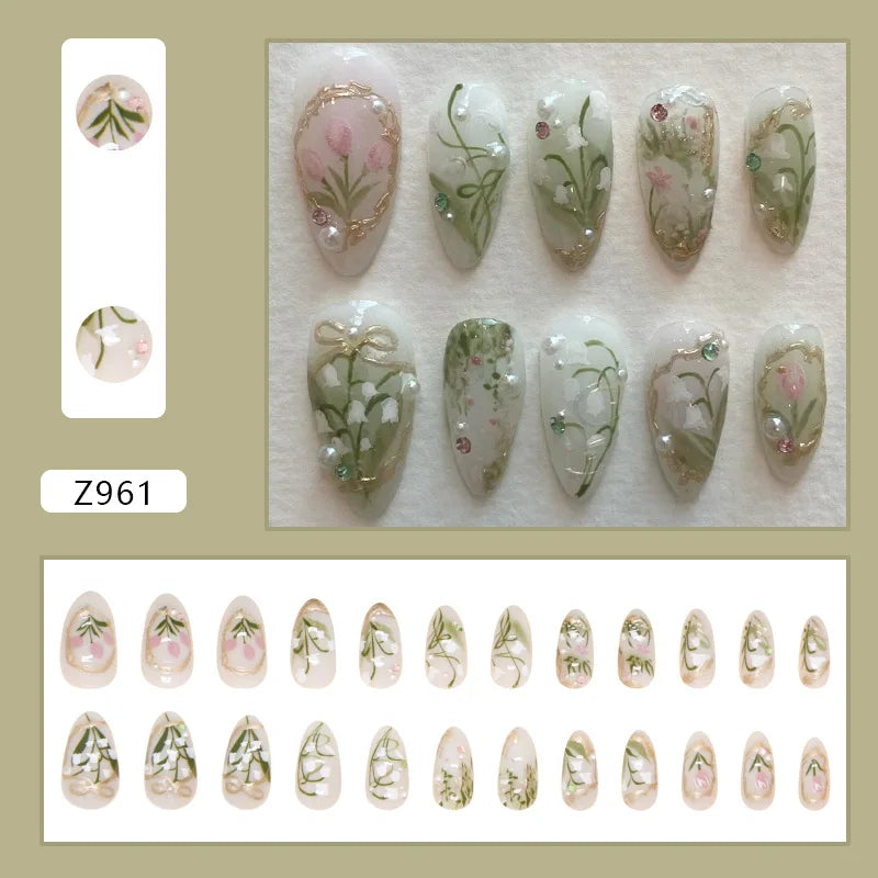🌼 24pcs White Flower Press-On Nails – INS Yellow & Pink Blush Tones