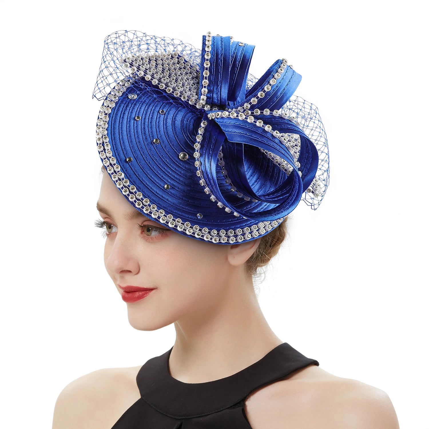 🎀 Perfect Satin Fascinator – Multicolor Fancy Hair Accessory with Veil & Rhinestones