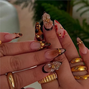 🌸 24pcs Gradient Pink Flower Pearl Press-On Nails – Mid-Length Almond Shape