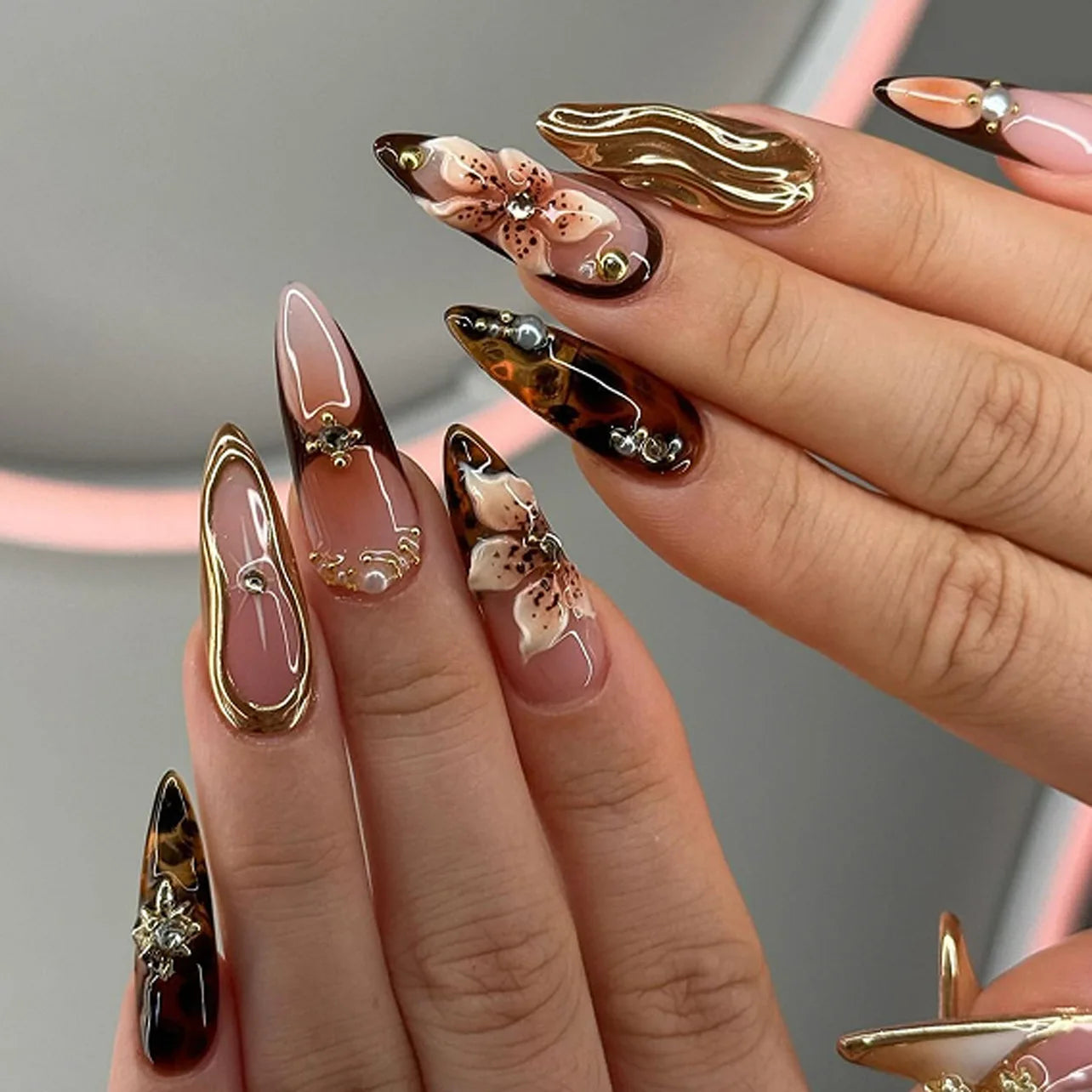🌸 24pcs Pink Almond Press-On Nails – Sweet Summer Floral with Pearls