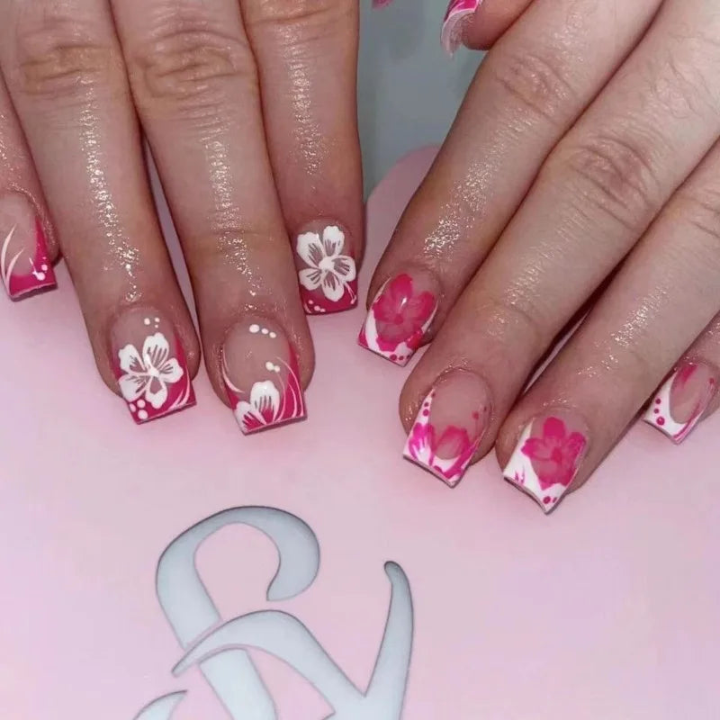 🌸 24pcs Short Square French Press-On Nails – 3D Embossed Flowers