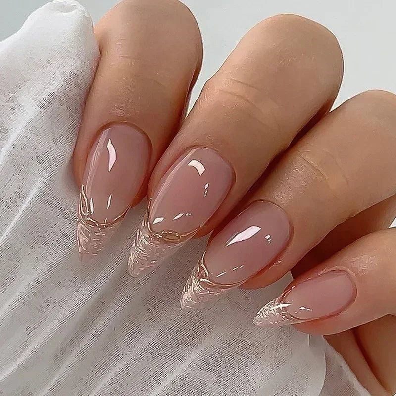 💗 24pcs French Almond Press-On Nails – White Edge with INS Pink Style