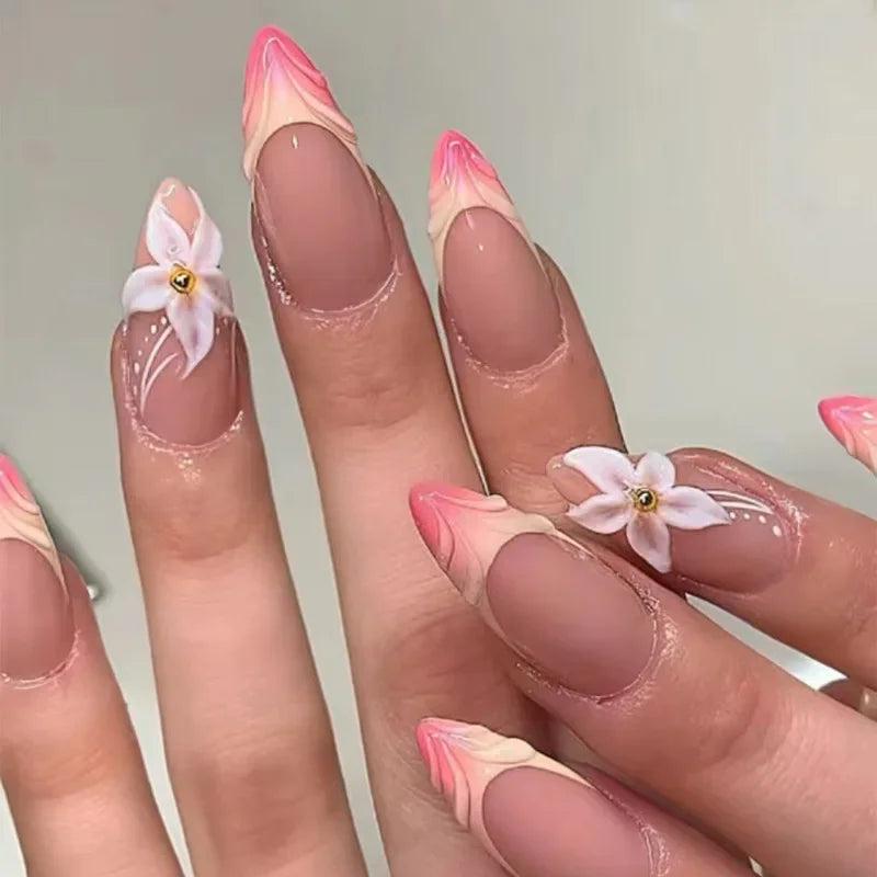 🌿 24pcs Flora Almond Press-On Nails – Mori Girl Ballet-Inspired Beauty