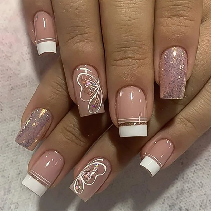 🤍 24pcs Nude White French Press-On Nails – Short Square, Simple & Stylish