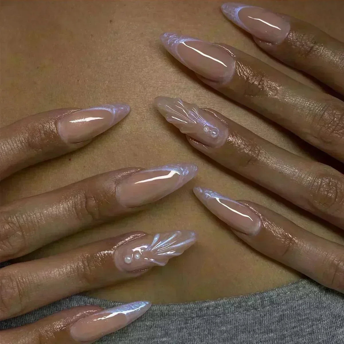 🌸 24pcs Pink Almond Press-On Nails – Sweet Summer Floral with Pearls