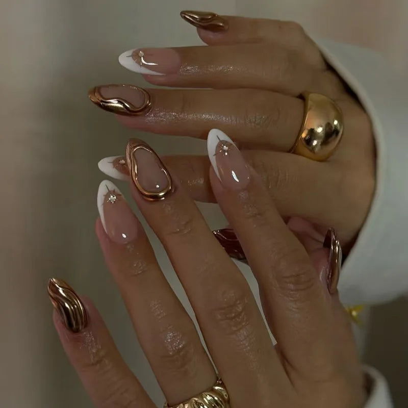 ⭐ 24pcs Simple French Almond Press-On Nails – Chic Stars & Easy Style