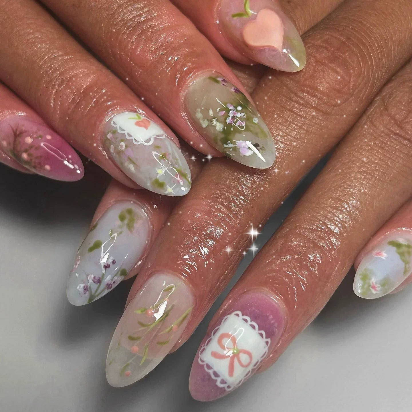 🌸 24pcs Pink Almond Press-On Nails – Sweet Summer Floral with Pearls
