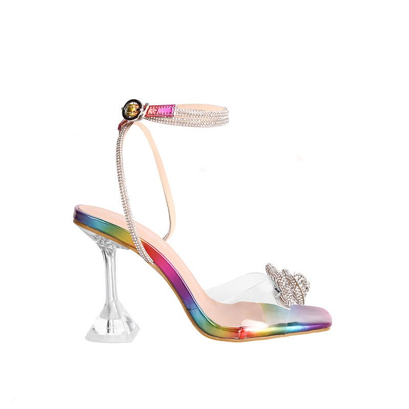 Transparent High Heel Sandals with Rhinestone Bow