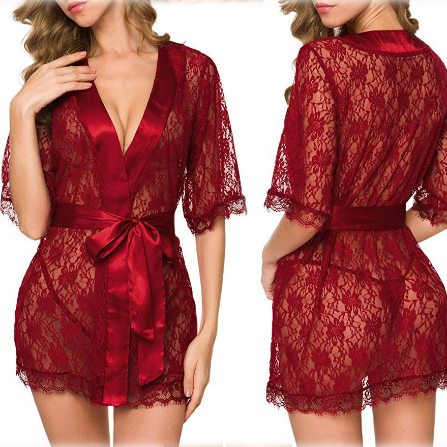 Lace Hollow-Out Robe & Pajama Set – Elegance Meets Comfort