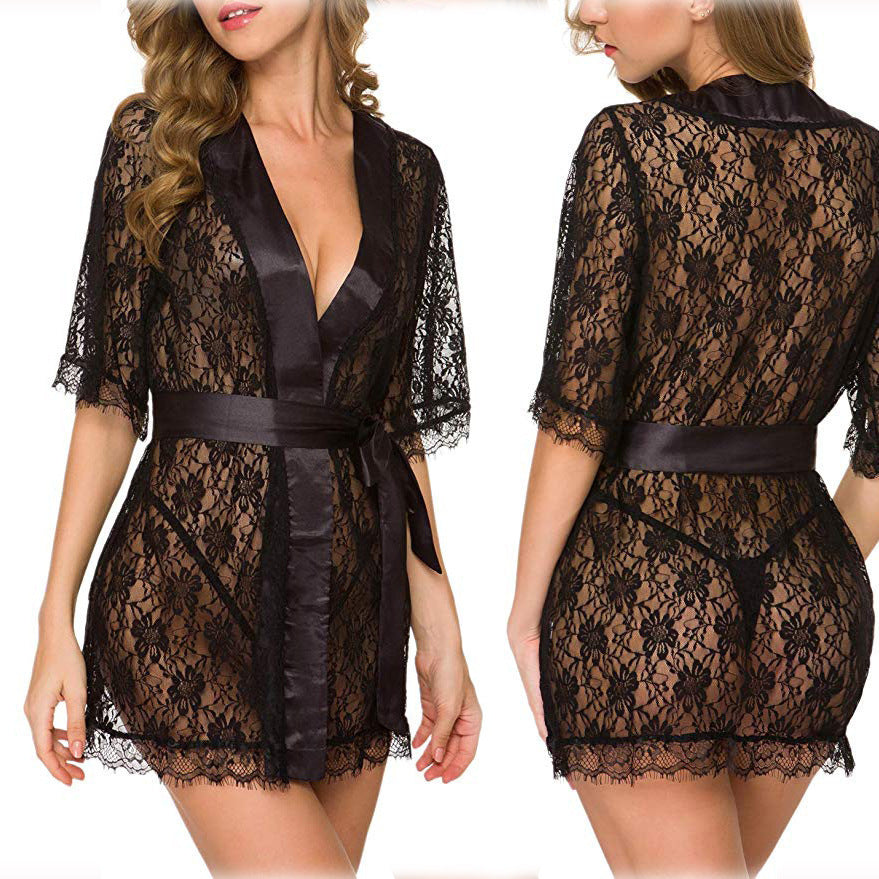 Lace Hollow-Out Robe & Pajama Set – Elegance Meets Comfort