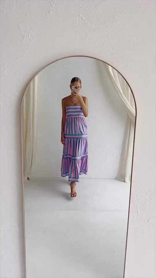 Summer Striped Printed Suspender Long Dress with Pockets